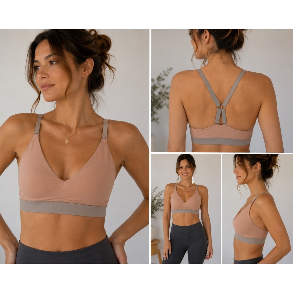 Fabletics Pink Grey V-Neck Adjustable Racerback Sports Bra with Back Pockets - Picture 1 of 8